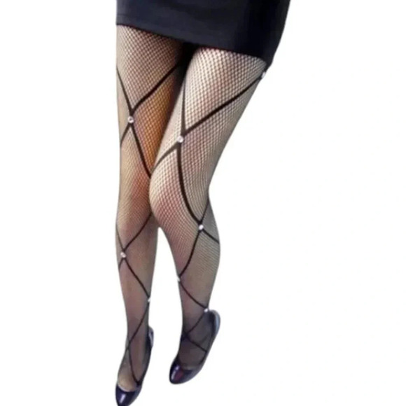 Fit Flower Accessories - Black Rhinestone Diamond Pattern Panty Hose